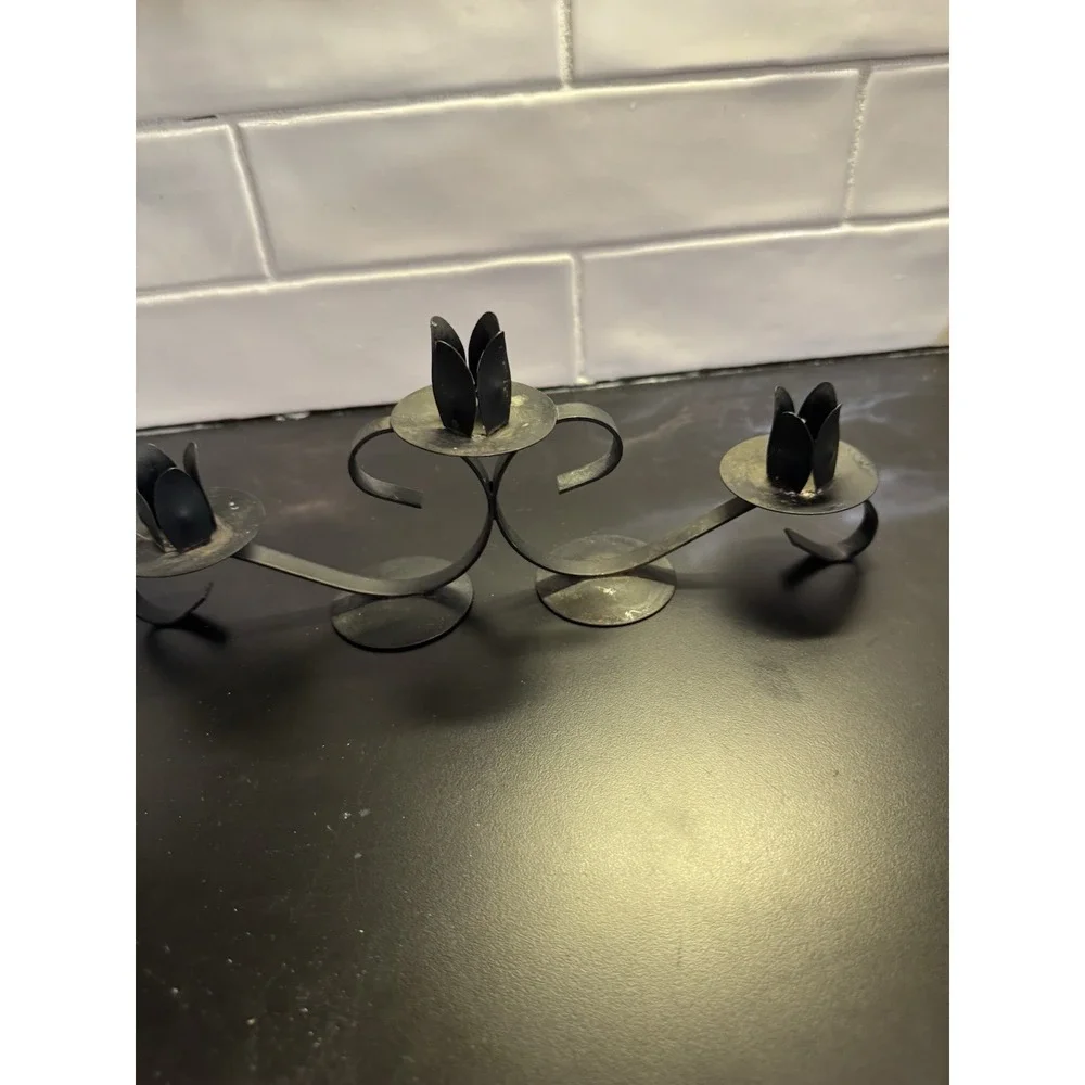 Vintage Black Wrought Iron Candle Holders Set Of 3 Scroll Work castle core‎